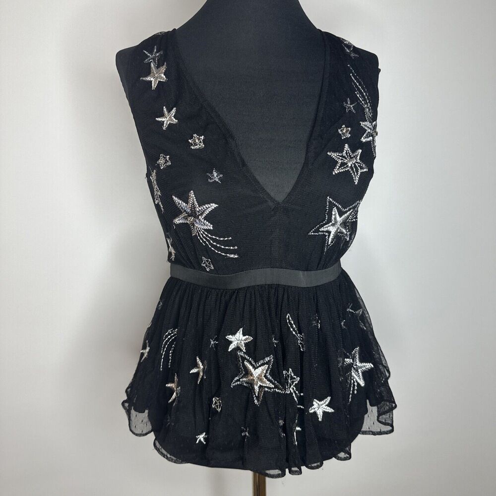 Vintage Express Embroidered Star Black Peplum VNeck Sheer Tank Rhinestones Sz 4 - Picture 3 of 13
